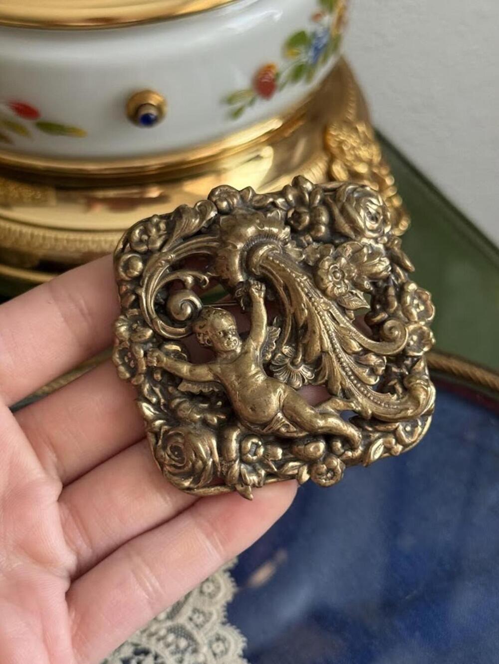 Vintage ornate brass Metal Cherub brooch Rococo revival style